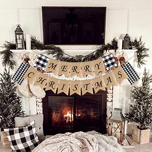 SWYOUN Burlap Merry Christmas Banner Buffalo Check Plaid Black and White Gingham Mantel Fireplace Garland Decoration