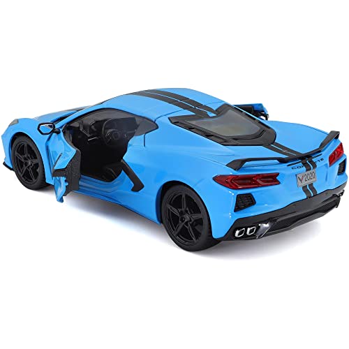 Maisto Diecast Cars 2020 Chevy Corvette Stingray Z51 Coupe Blue with Black Stripes 1/24 Diecast Model Car 31527