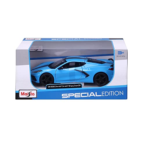 Maisto Diecast Cars 2020 Chevy Corvette Stingray Z51 Coupe Blue with Black Stripes 1/24 Diecast Model Car 31527