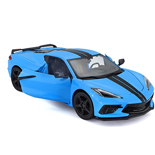 Maisto Diecast Cars 2020 Chevy Corvette Stingray Z51 Coupe Blue with Black Stripes 1/24 Diecast Model Car 31527