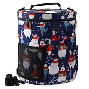 large capacity lightweight portable yarn storage knitting tote organizer bag with pockets for knitting needle crochet hook (blue snowman)