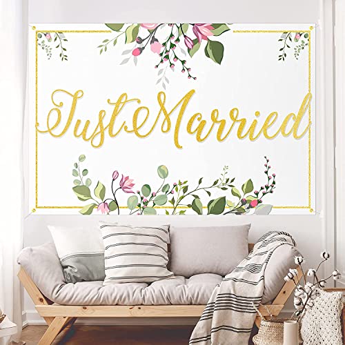 Just Married Backdrop Banner White Floral Wedding Engagement Bridal Shower Theme Party Decorations Photography Background Supplies for Women Men