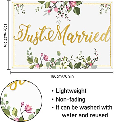 Just Married Backdrop Banner White Floral Wedding Engagement Bridal Shower Theme Party Decorations Photography Background Supplies for Women Men