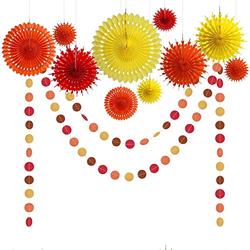 Orange Yellow Red Thanks Giving Party Decorations Autumn Fall Paper Fan Tissue Pompom Hanging Circle Dot Garland Banner Backdrop Birthday Wedding Bridal Baby Shower Decor Home Office School