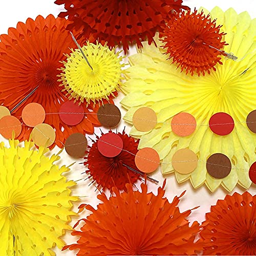 Orange Yellow Red Thanks Giving Party Decorations Autumn Fall Paper Fan Tissue Pompom Hanging Circle Dot Garland Banner Backdrop Birthday Wedding Bridal Baby Shower Decor Home Office School