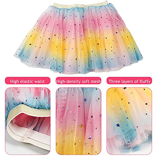 Baby Girls Rainbow Sparkle Tutu Skirt Pentagram Sequin Christmas 3 Layered Elastic Puffy Tulle Skirt