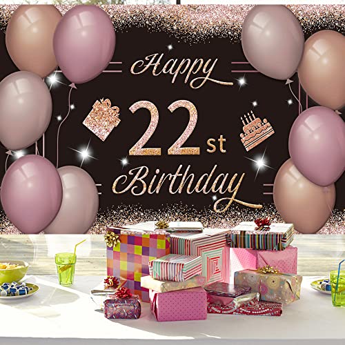 Happy 22st Birthday Backdrop Banner Black Pink 22th Sign Poster 22 Birthday Party Supplies for Anniversary Photo Booth Photography Background Birthday Party Decorations, 72.8 x 43.3 Inch