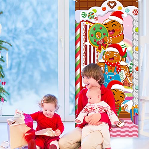 Christmas Door Cover Decorations Gingerbread House Door Cover Gingerbread Man Christmas Door Backdrop Banner Xmas Door Hanging Banner for Christmas Winter Party Ginger Bread Holiday Xmas Eve Supplies