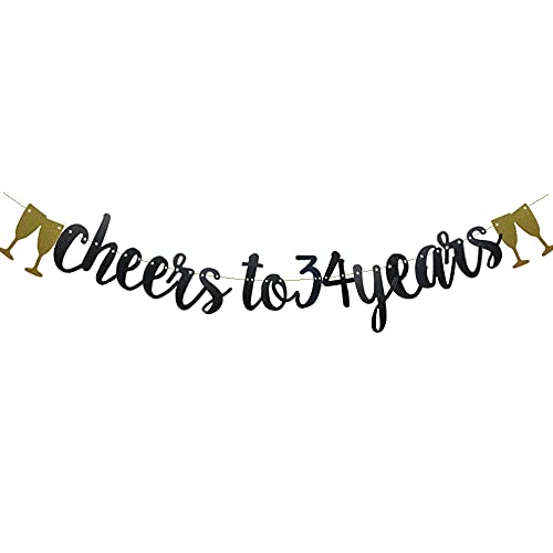 Cheers To 34 Years Banner Black Paper Glitter Party Decorations For 34TH Wedding Anniversary 34 Years Old 34TH Birthday Party Supplies Letters Black Betteryanzi