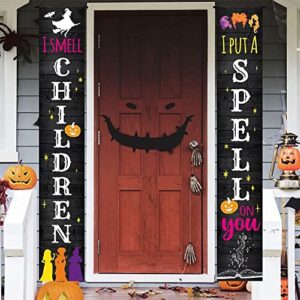Hocus Pocus Halloween Decorations Outdoor - I Smell Children I Put A Spell On You Front Porch Sign & Hanging Banners for Outside Decor
