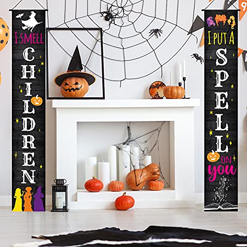 Hocus Pocus Halloween Decorations Outdoor - I Smell Children I Put A Spell On You Front Porch Sign & Hanging Banners for Outside Decor