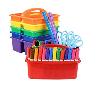 craftybook art supply storage organizer set – colorful assorted set of 6 bin baskets stackable plastic classroom and utility caddy organizer with handles and 3 compartments