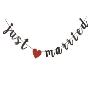 just married banner- wedding party sign, bridal shower decoration prop photos (black glitter)