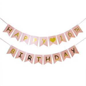 happy 16th birthday banner – pink and gold 16th birthday decorations – sweet 16 – milestone happy birthday decorations