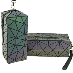 wsnyy 2pcs big capacity luminous pencil pen case,luminous cosmetic bag with wrist strap for women,geometric foldable portable travel make up bags