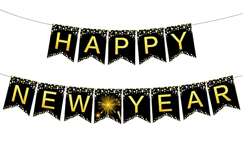 Famoby Black Happy New Year Banner New Year Hanging Bunting for Party Decorations Supplies