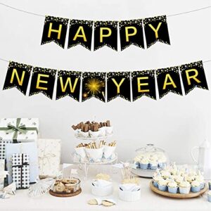 Famoby Black Happy New Year Banner New Year Hanging Bunting for Party Decorations Supplies