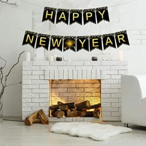 Famoby Black Happy New Year Banner New Year Hanging Bunting for Party Decorations Supplies