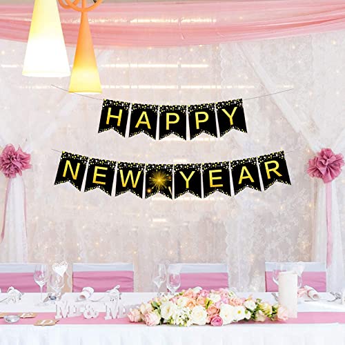 Famoby Black Happy New Year Banner New Year Hanging Bunting for Party Decorations Supplies