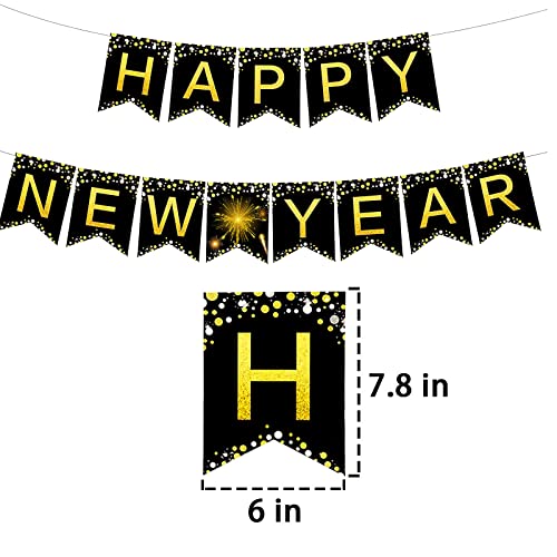 Famoby Black Happy New Year Banner New Year Hanging Bunting for Party Decorations Supplies