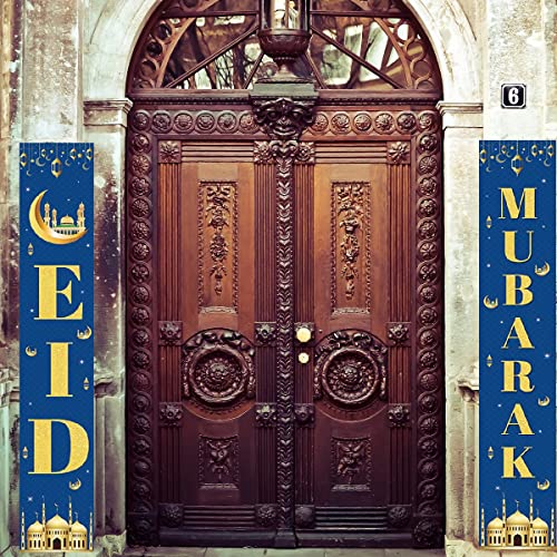 RUIMI Eid Mubarak Porch Sign,Eid Mubarak Decoration Set,Muslim Ramadan EID Mubarak Porch Banner,Islamic Muslim Ramadan Hanging Banners for Front Door Sign Decoration (Blue)