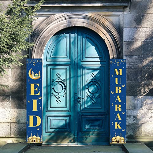 RUIMI Eid Mubarak Porch Sign,Eid Mubarak Decoration Set,Muslim Ramadan EID Mubarak Porch Banner,Islamic Muslim Ramadan Hanging Banners for Front Door Sign Decoration (Blue)