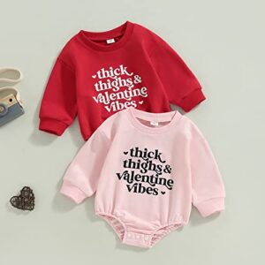 Newborn Baby Girls Valentine's Day Romper Sweatshirt Long Sleeve Letters Print Bodysuit Pullover Tops (Thick Thighs Pink, 12-18 Months)