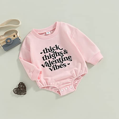 Newborn Baby Girls Valentine's Day Romper Sweatshirt Long Sleeve Letters Print Bodysuit Pullover Tops (Thick Thighs Pink, 12-18 Months)