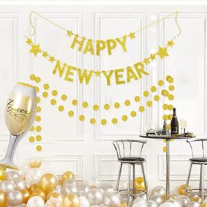 Happy New Year Banner 2022 New Year Party Decorations Glitter Gold Paper Garland Banner for New Year Eve Party Supplies Outdoor Indoor Home Decoration