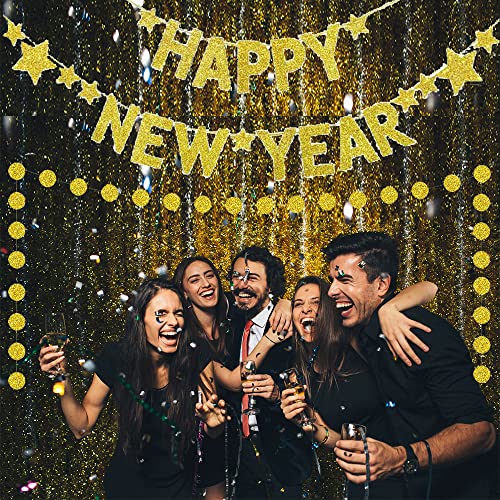 Happy New Year Banner 2022 New Year Party Decorations Glitter Gold Paper Garland Banner for New Year Eve Party Supplies Outdoor Indoor Home Decoration