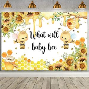 AIBIIN 7x5ft Bee Gender Reveal Backdrop, What Will Baby Bee Gender Reveal Backdrop, Honey Bee Baby Shower Background Sunflower Bee Gender Reveal Party Decorations Supplies Banner