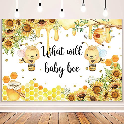 AIBIIN 7x5ft Bee Gender Reveal Backdrop, What Will Baby Bee Gender Reveal Backdrop, Honey Bee Baby Shower Background Sunflower Bee Gender Reveal Party Decorations Supplies Banner