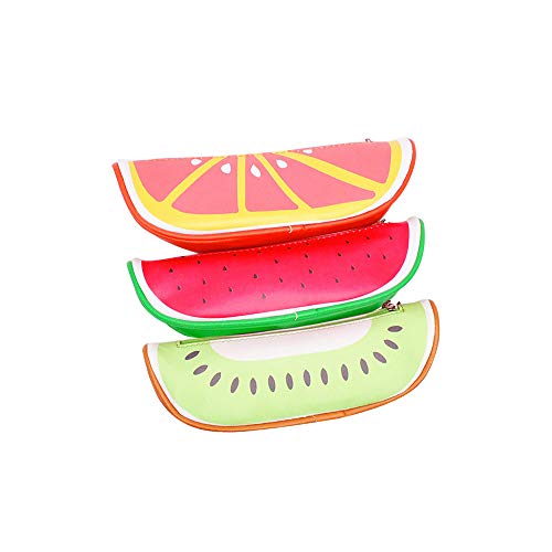 KNISUM 3 Piece Fruit Cute Zipper Cactus Pencil Case Student Canvas Pencil Bag Cute Small Wallet Storage bag Key Case- Watermelon Lemon Kiwi