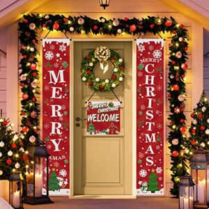 christmas porch decorations door banner, merry christmas xmas outside decor – merry christmas – hanging christmas red sign cover for outdoor indoor porch front door garage hoom welcome signs decor
