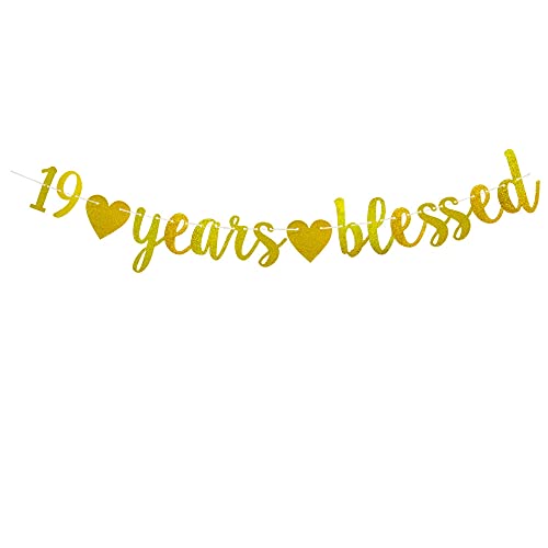 Fancypartyshop 19 Years Blessed Banner Gold Banner 19TH Birthday 19TH Wedding Anniversary Party Decorations Supplies Pre-Strung Banner Paper Gold Fancy