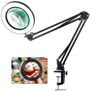 8x magnifying glass with light, 5 inches real glass lens led desk lamp with clamp, 3 color modes stepless dimmable lighted magnifier with light and stand for reading crafts repair close works – black