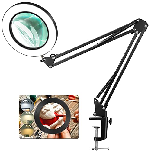 8X Magnifying Glass with Light, 5 Inches Real Glass Lens LED Desk Lamp with Clamp, 3 Color Modes Stepless Dimmable Lighted Magnifier with Light and Stand for Reading Crafts Repair Close Works - Black