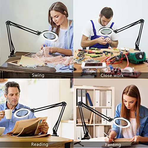 8X Magnifying Glass with Light, 5 Inches Real Glass Lens LED Desk Lamp with Clamp, 3 Color Modes Stepless Dimmable Lighted Magnifier with Light and Stand for Reading Crafts Repair Close Works - Black