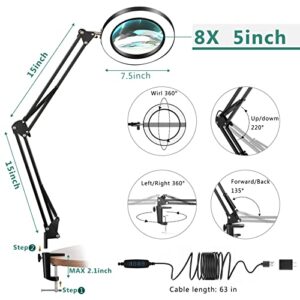 8X Magnifying Glass with Light, 5 Inches Real Glass Lens LED Desk Lamp with Clamp, 3 Color Modes Stepless Dimmable Lighted Magnifier with Light and Stand for Reading Crafts Repair Close Works - Black