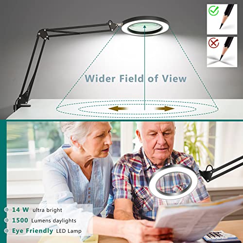 8X Magnifying Glass with Light, 5 Inches Real Glass Lens LED Desk Lamp with Clamp, 3 Color Modes Stepless Dimmable Lighted Magnifier with Light and Stand for Reading Crafts Repair Close Works - Black