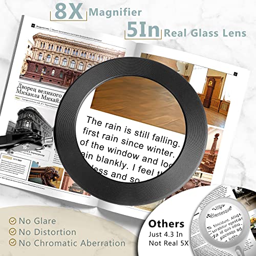 8X Magnifying Glass with Light, 5 Inches Real Glass Lens LED Desk Lamp with Clamp, 3 Color Modes Stepless Dimmable Lighted Magnifier with Light and Stand for Reading Crafts Repair Close Works - Black