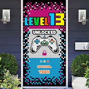 level 13 unlocked happy 13th birthday level up banner backdrop background photo booth props video game game controller theme decorations decor for door porch boys girls 13th birthday party supplies