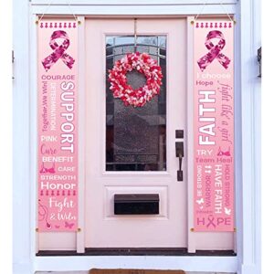Breast Cancer Awareness Banner Porch Sign, 11.8" x 70.8" Pink Ribbon Party Sign, Hope Strength Courage Faith Backdrop for Pink Ribbon Breast Cancer Party Decoration Supplies - Pink Ribbon