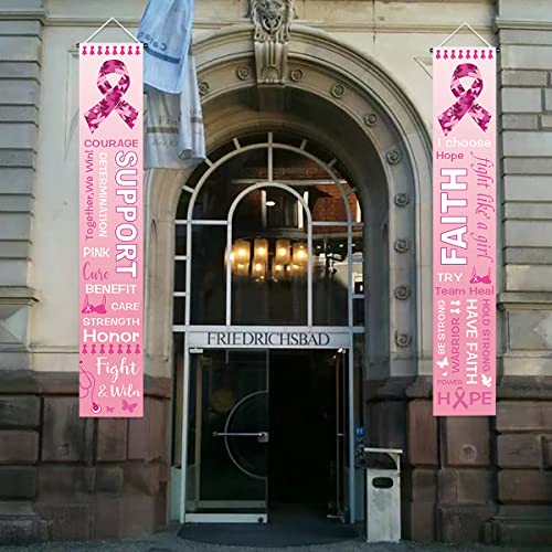 Breast Cancer Awareness Banner Porch Sign, 11.8" x 70.8" Pink Ribbon Party Sign, Hope Strength Courage Faith Backdrop for Pink Ribbon Breast Cancer Party Decoration Supplies - Pink Ribbon