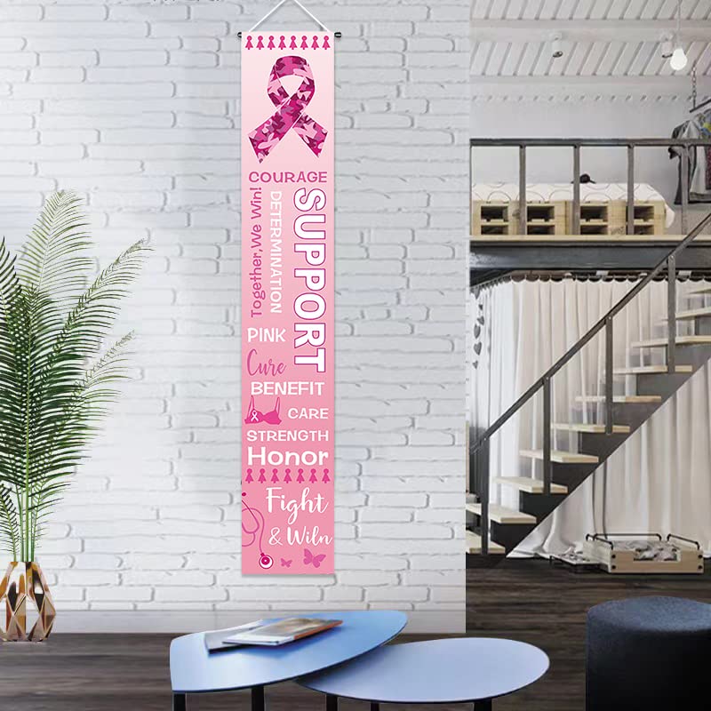 Breast Cancer Awareness Banner Porch Sign, 11.8" x 70.8" Pink Ribbon Party Sign, Hope Strength Courage Faith Backdrop for Pink Ribbon Breast Cancer Party Decoration Supplies - Pink Ribbon