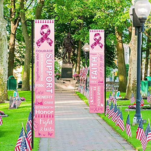 Breast Cancer Awareness Banner Porch Sign, 11.8" x 70.8" Pink Ribbon Party Sign, Hope Strength Courage Faith Backdrop for Pink Ribbon Breast Cancer Party Decoration Supplies - Pink Ribbon