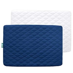 pack n play sheet quilted waterproof protector, 2 pack premium fitted pack n play pad cover 39″ x 27″ fits for baby foldable and playard mattress, portable mini crib, white&navy blue