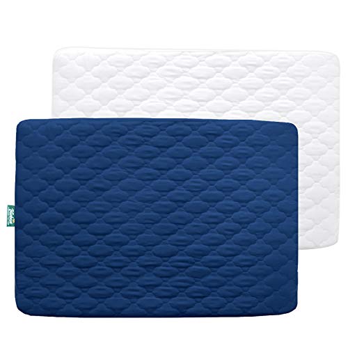 Pack n Play Sheet Quilted Waterproof Protector, 2 Pack Premium Fitted Pack n Play Pad Cover 39" X 27" fits for Baby Foldable and Playard Mattress, Portable Mini Crib, White&Navy Blue