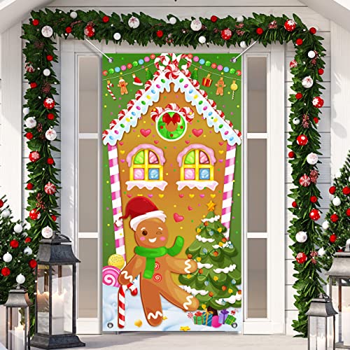 Christmas Gingerbread House Door Cover Gingerbread House Door Banner Candyland Gingerbread Man Holiday Decorations for Indoor Outdoor Christmas Theme Party Decor