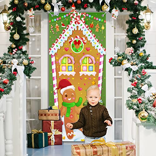 Christmas Gingerbread House Door Cover Gingerbread House Door Banner Candyland Gingerbread Man Holiday Decorations for Indoor Outdoor Christmas Theme Party Decor
